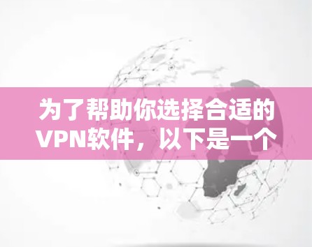 为了帮助你选择合适的VPN软件，以下是一个详细的指南，根据你的需求和情况做出的推荐